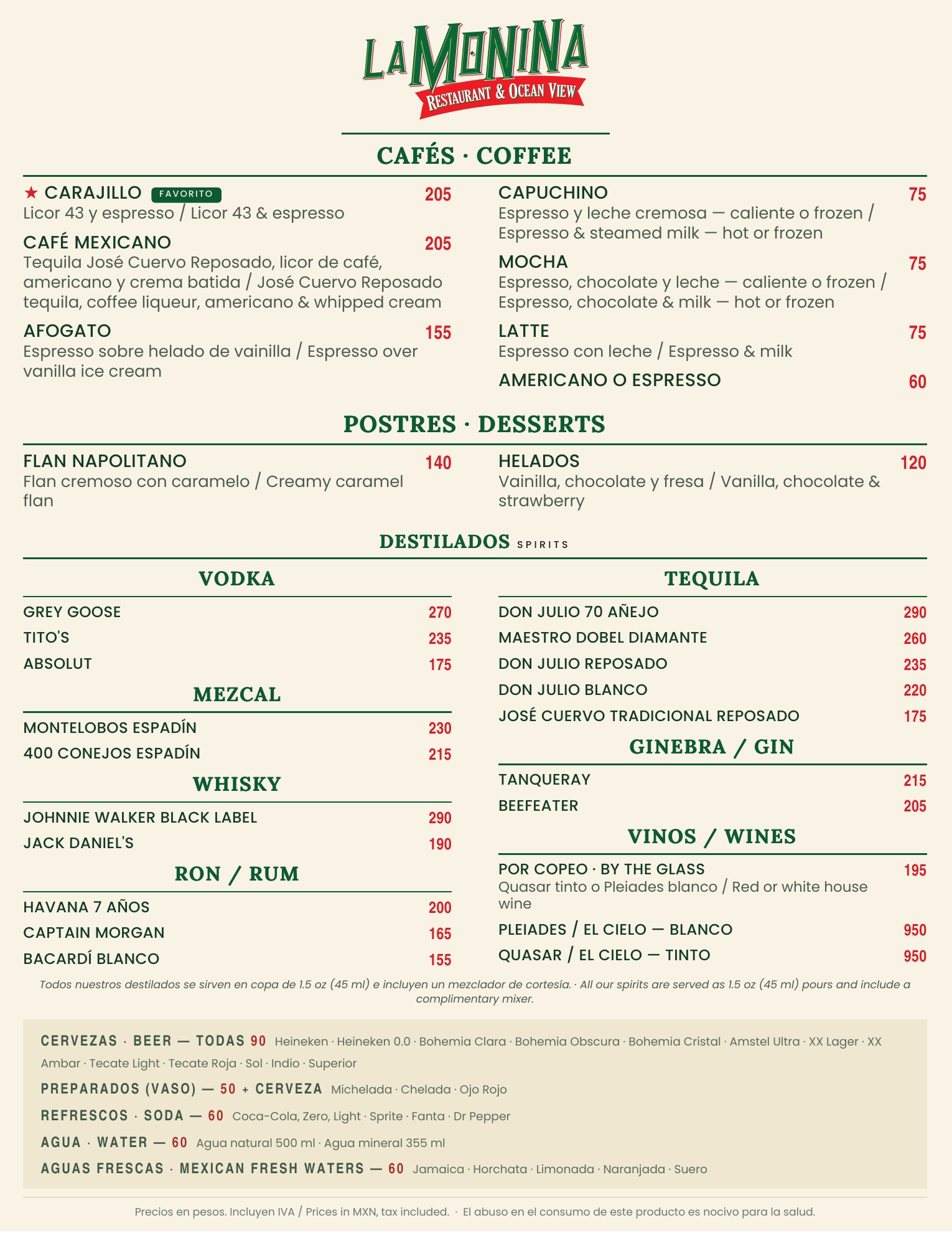 Menú de bebidas de La Monina, página 2: café, postres, destilados, vinos, cervezas y refrescos