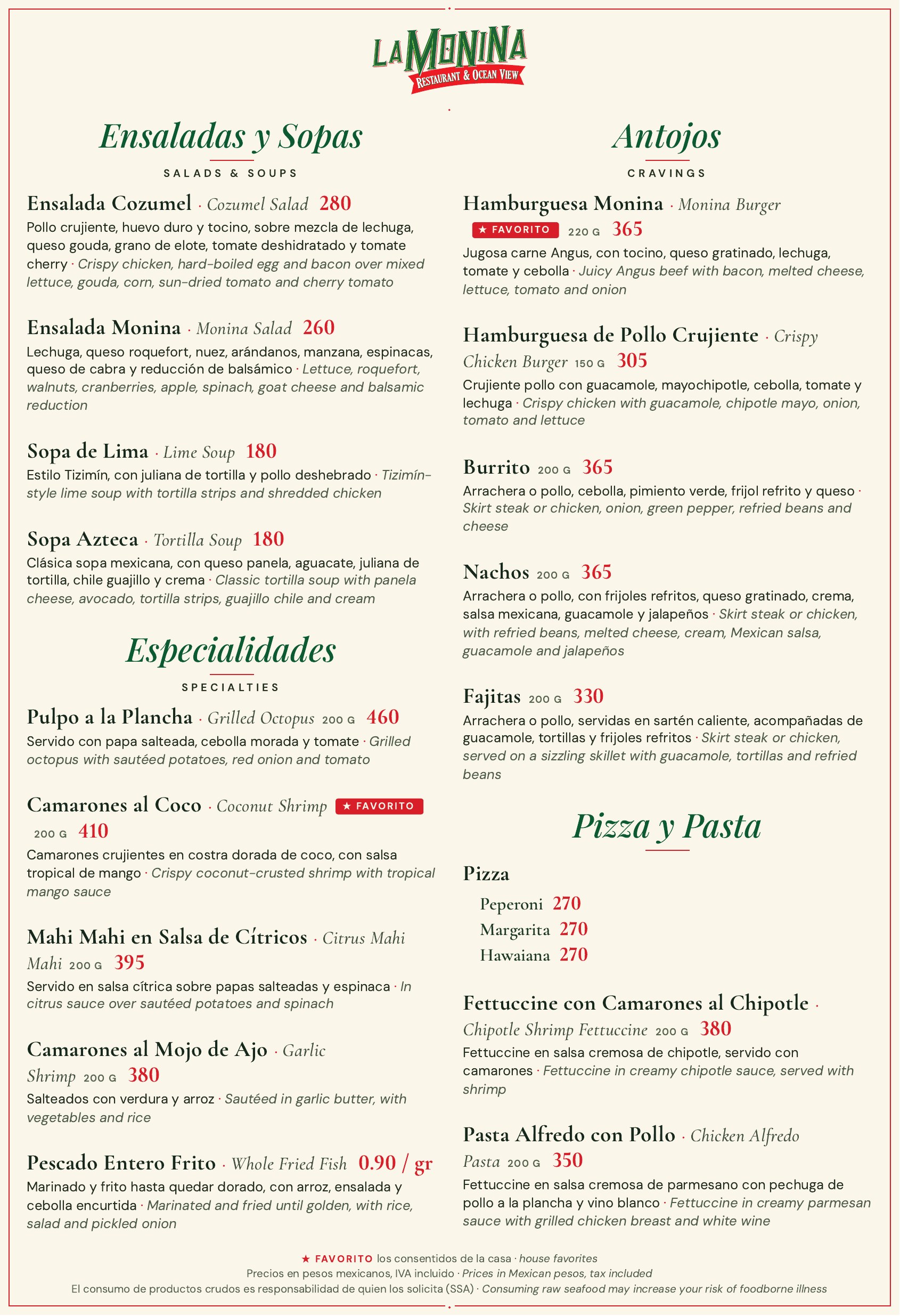 Menú bilingüe de almuerzo y cena de La Monina, página 2